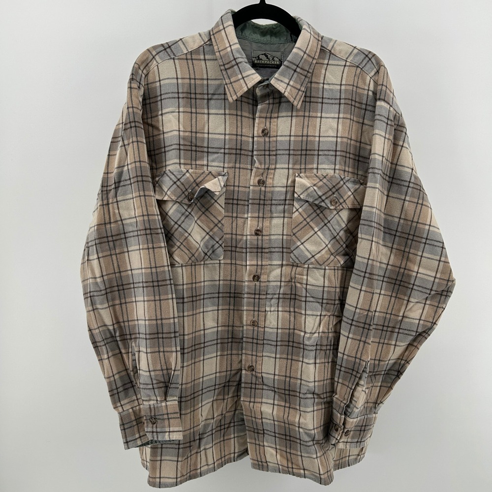 Backpacker Beige‎ Gray Flannel Plaid Long Sleeve Button Up Shirt Men XL Outdoor